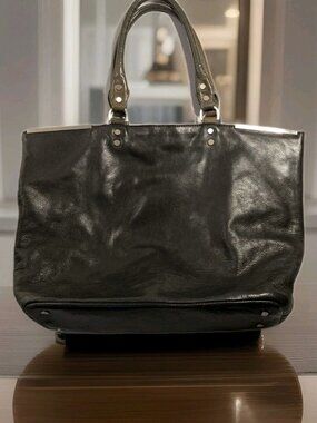 Kenneth Cole New York Contemporary Carry Tote Black Leather With Olive Accents